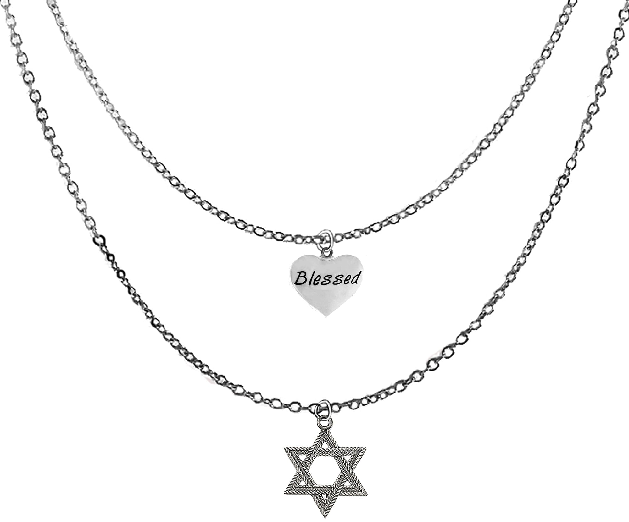 Jewish Jewelry, Blessed Written On A Silvertone Puffed Heart, With A Antique Silvertone Star Of David On A Adjustable Cable Chain Necklace. Great Gift For Friend Or Family. ©2024