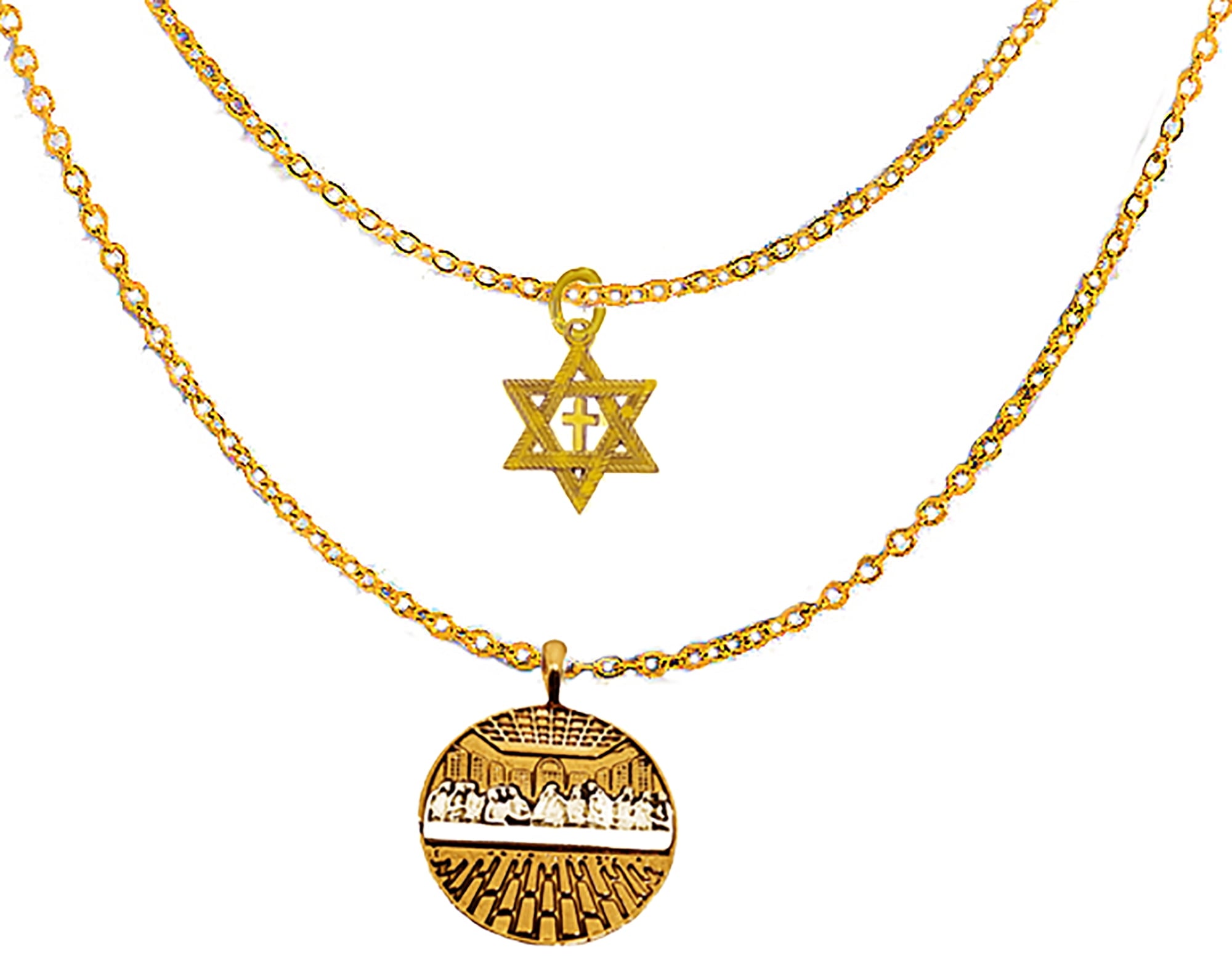 Messianic, Yeshua, 14KT Gold Star Of David With Cross And Silvertone And 14KTGoldtone Last Supper, On A Adjustable Silvertone Double Chain Necklace ©2023