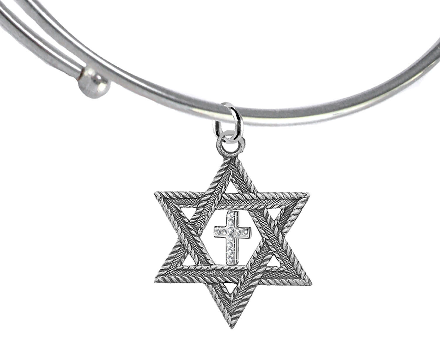 Messianic Christian Silver Star Of David With Silver Austrian Crystal Cross, On A Adjustable Miracle Wire Bracelet, Will fit Anyone. Hypoallergenic-Safe, No Nickel, Lead, Or Cadmium In The Metal ©2023
