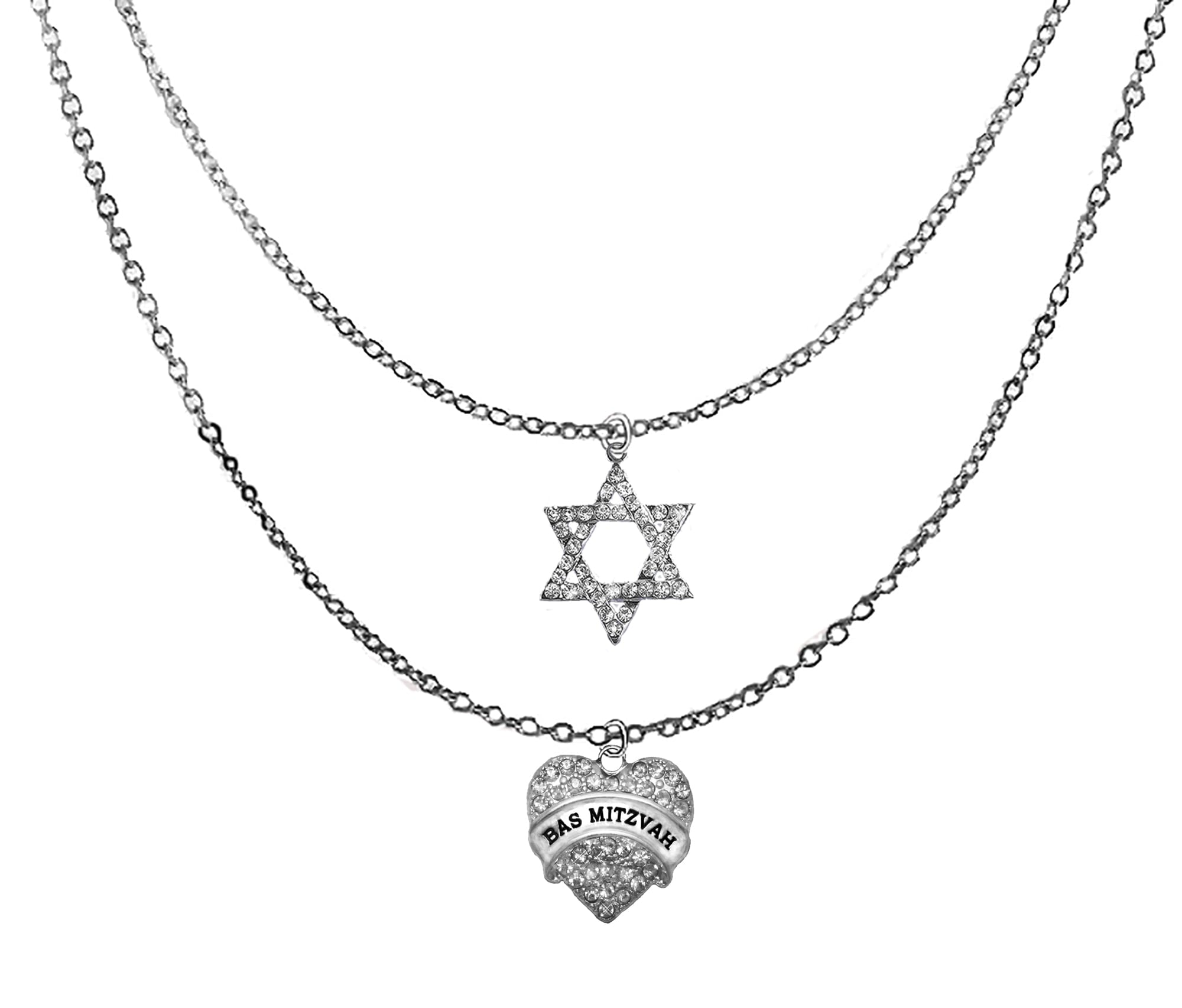 Jewish Jewelry, Bas Mitzvah On A Genuine Austrian Crystal Heart And A Dazzling Genuine All Austrian Cut Crystal Star Of David. On A Silvertone Double Cable Chain  Necklace. Hypoallergenic. ©2024