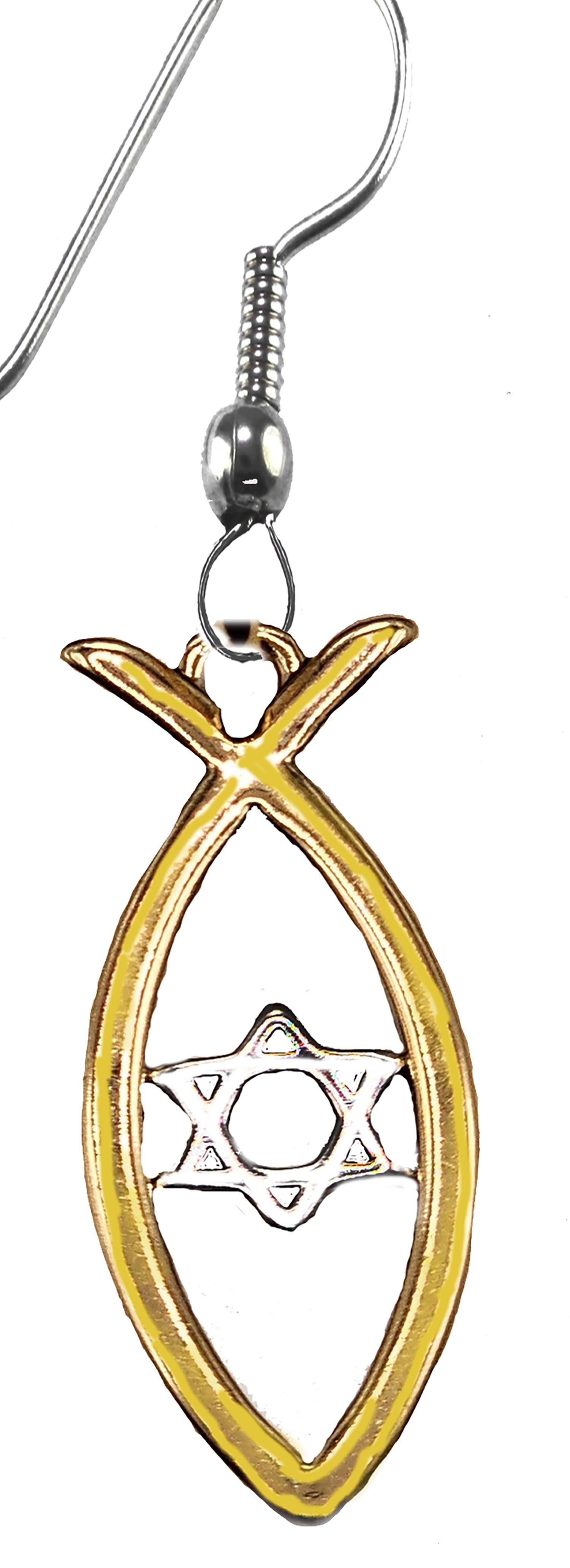 Messianic Christian Fish In 14KT Goldtone, Silvertone Star Of David Earrings. If you do not believe that this jewelry is beautiful when you receive it, simply return it for a full refund.