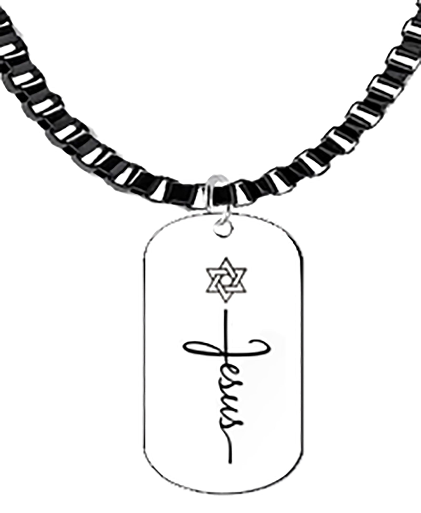 Messianic Adjustable Dog Tag With Star Of David Over Jesus, Black Anodized Box Chain, Hypoallergenic-Safe, No Nickel, Lead, or Cadmium In The Metal ©2023