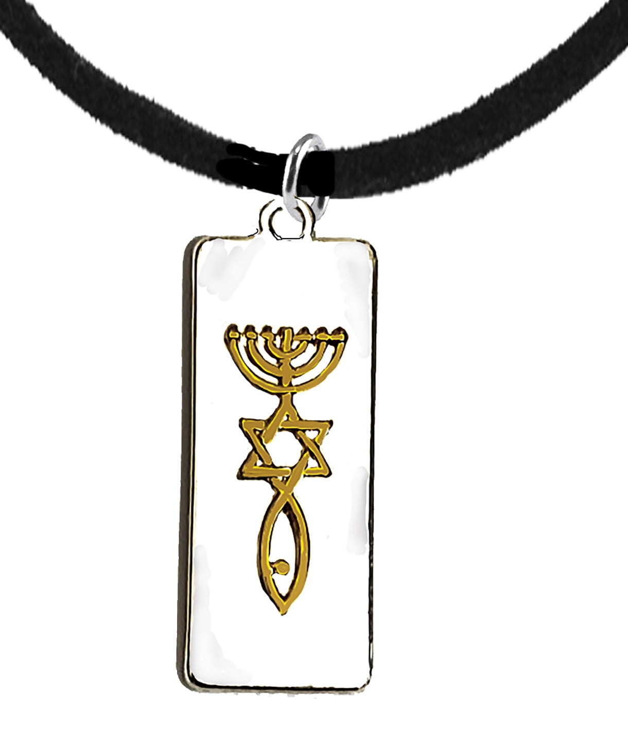 Messianic Raised 14KT Gold Tone Seal Of Jerusalem On A  Silver Tone Plaque Suspended On A Adjustable Genuine Black Suede Necklace, Hypoallergenic-Safe, No Nickel, Lead, Or Cadmium In The Metal ©2023