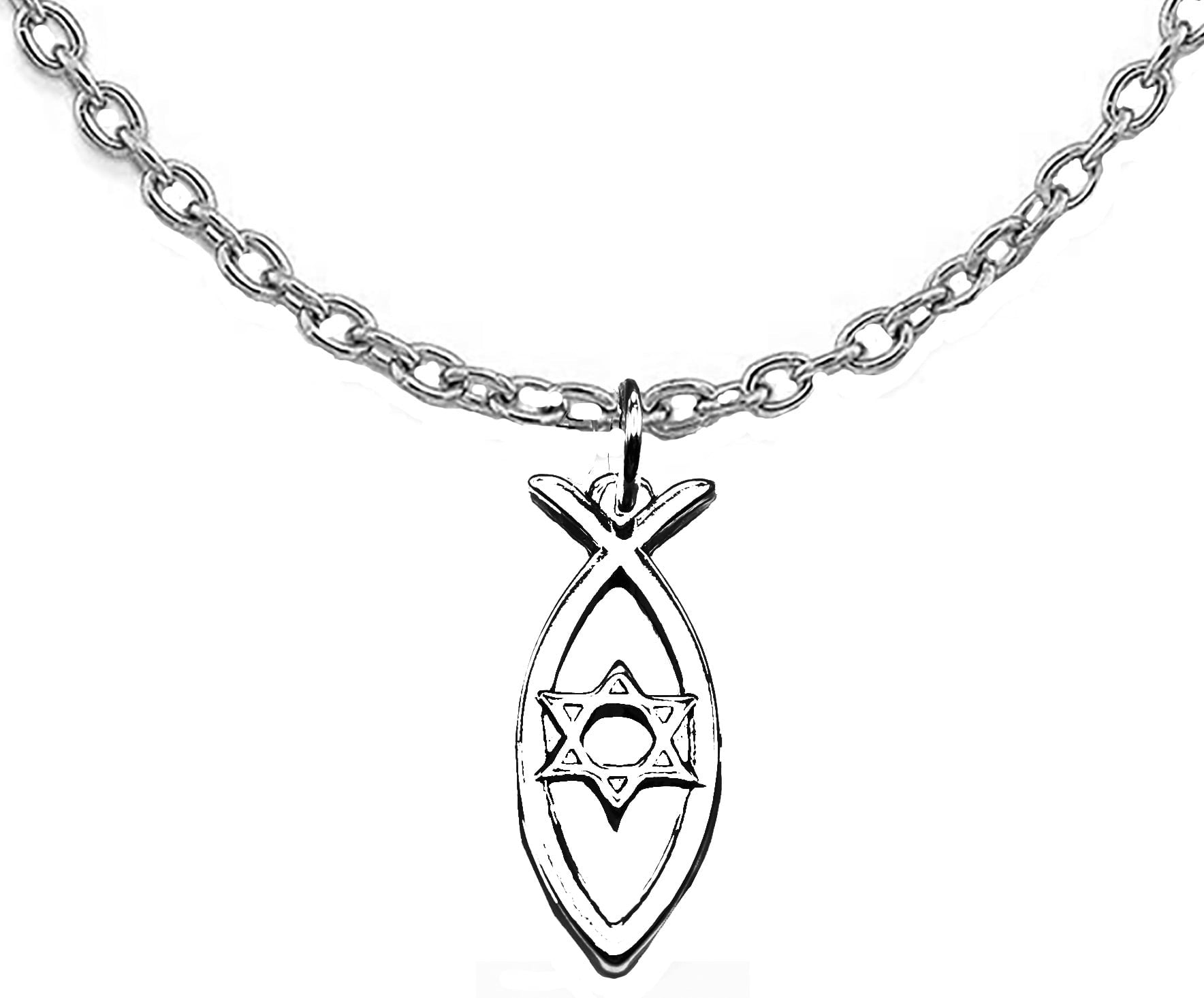 Messianic, Yeshua Christian Fish, Silvertone Finish, Star Of David Inside, Adjustable Cable Chain Necklace, Will Fit Anyone, Hypoallergenic-Safe. No Nickel, Lead, Or Nickle In The Metal.©2023
