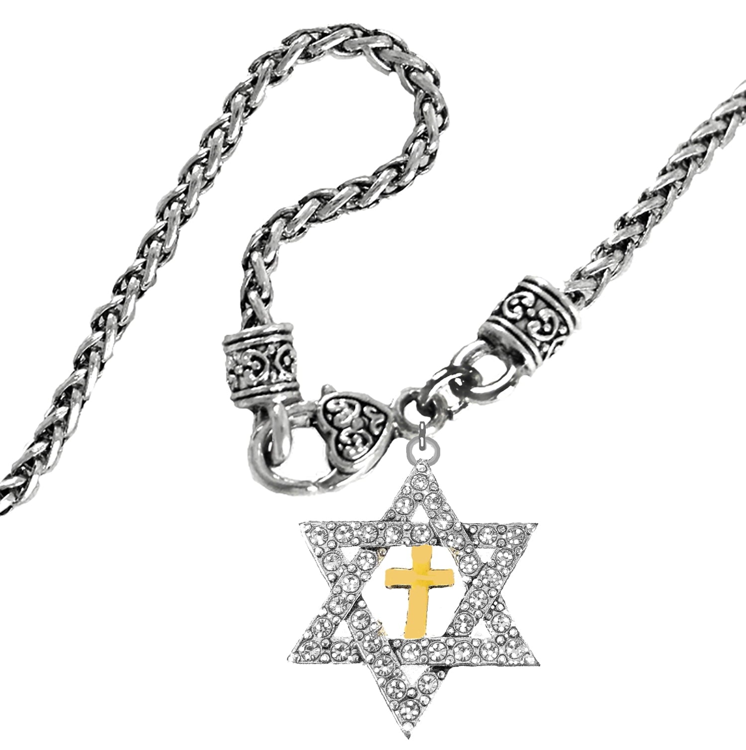 Messianic Christian Silvertone Crystal Star Of David , Gold Cross On A Wheat Chain Necklace.If you do not believe that this jewelry is beautiful when you receive it, simply return it for a full refund
