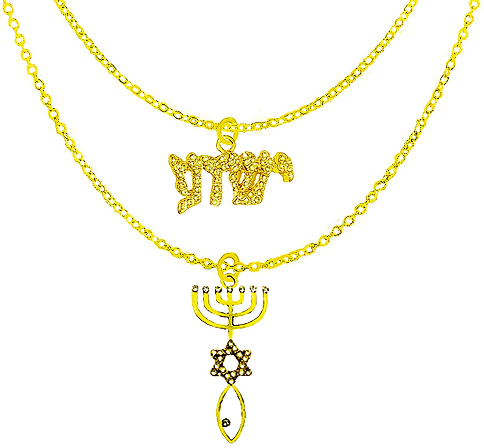 Messianic, Yeshua, Adjustable Double Chain 14Kt Goldtone Necklace, Genuine Austrian Crystal Yeshua In Hebrew,And 14KT Goldtone Austrian Crystal Seal Of Jerusalem. Great Gift For Friends Or Family©2024