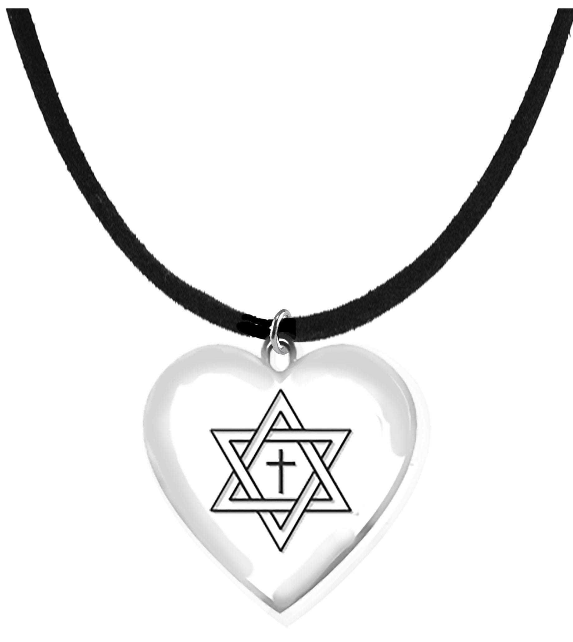 Messianic, Beautiful Star Of David With A Floating Cross Inside Of It, On A Heart Suspended On A Adjustable Black Suede Necklace, Hypoallergenic-Safe, No Nickel, Lead, Or Cadmium ©2022