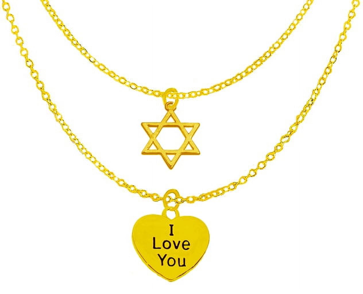 Jewish Jewelry, Goldtone Star Of David, I Love You Heart On a Adjustable 14KT Goldtone Chain Necklace, Hypoallergenic-SDafe, No Nickel, Lead,Or Cadmium In The Metal. Great Gift For Friend Or Family.