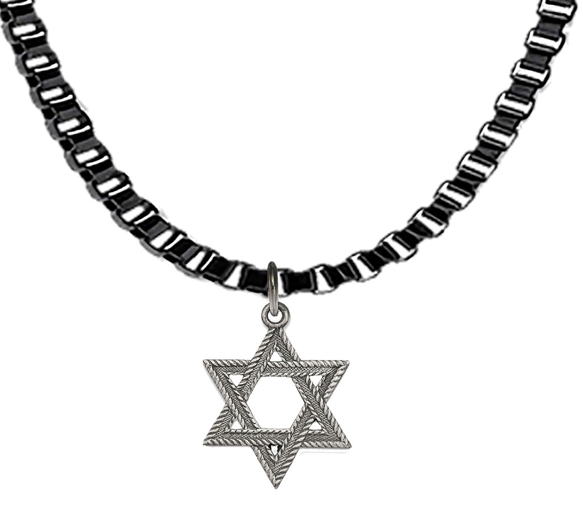 Jewish Jewelry, Beautiful Antique Silvertone Star Of David On A Adjustable Anodized Black Box Chain. What A Great Gift For Friend Or Family. Hypoallergenic, NoNickel, Lead,Or Cadmium In The Metal©2024