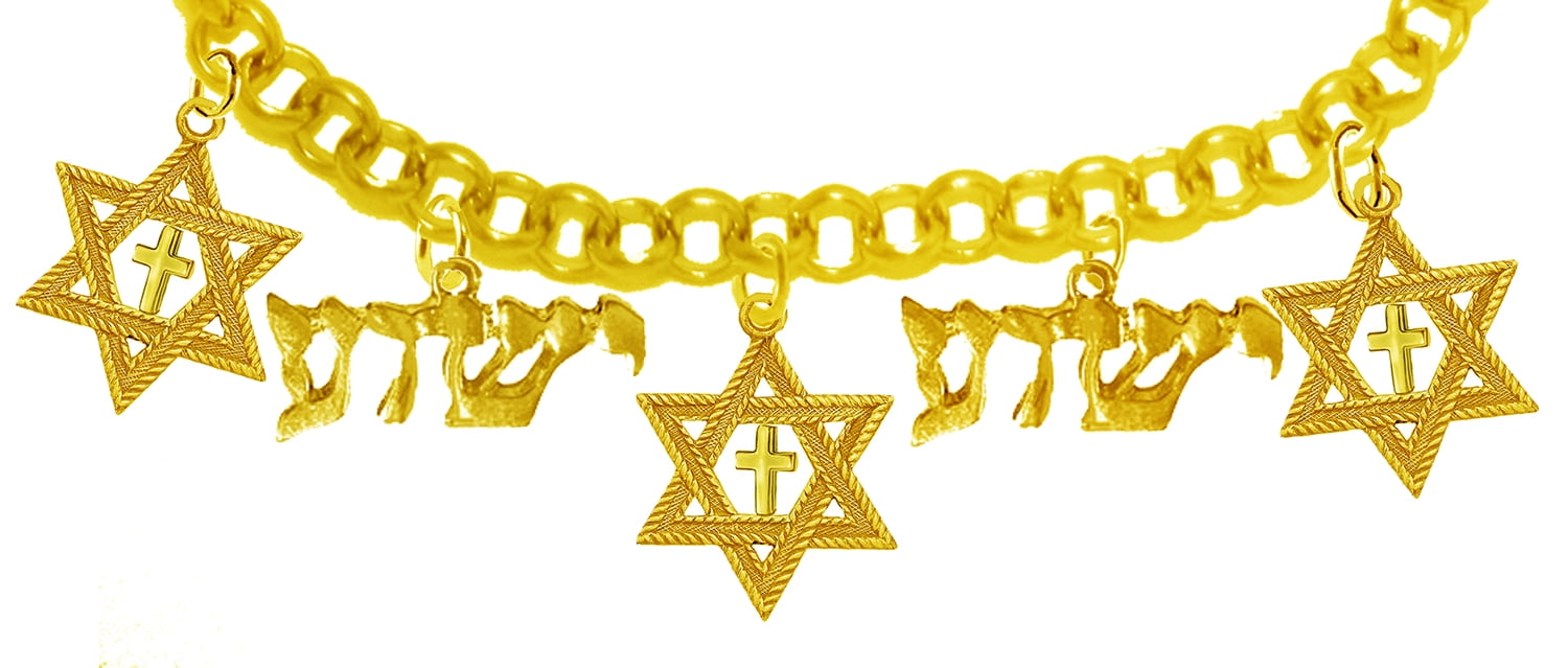 Messianic Antique 14KT Gold Star Of David Cross Yeshua In Hebrew 5 Charm Adjustable Will Fit Everyone Chain Bracelet, Hypoallergenic-Safe, No Nickel, Lead, Or Cadmium In The Metal ©2023