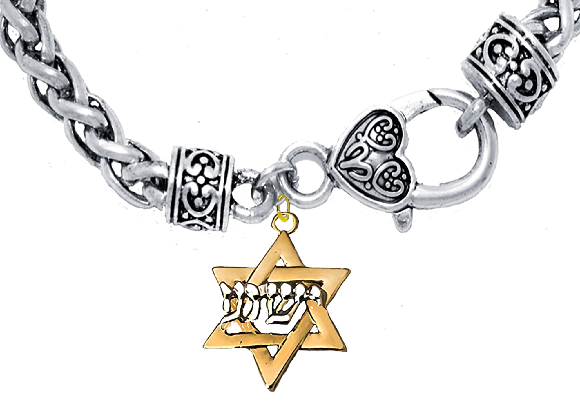 Messianic Yeshua Gold Star Of David, Raised Sculpted Silver Yeshua On A Antique Wheat Chain Bracelet, Hypoallergenic-Safe, No Nickel, Lead, Or Cadmium In The Metal ©2023