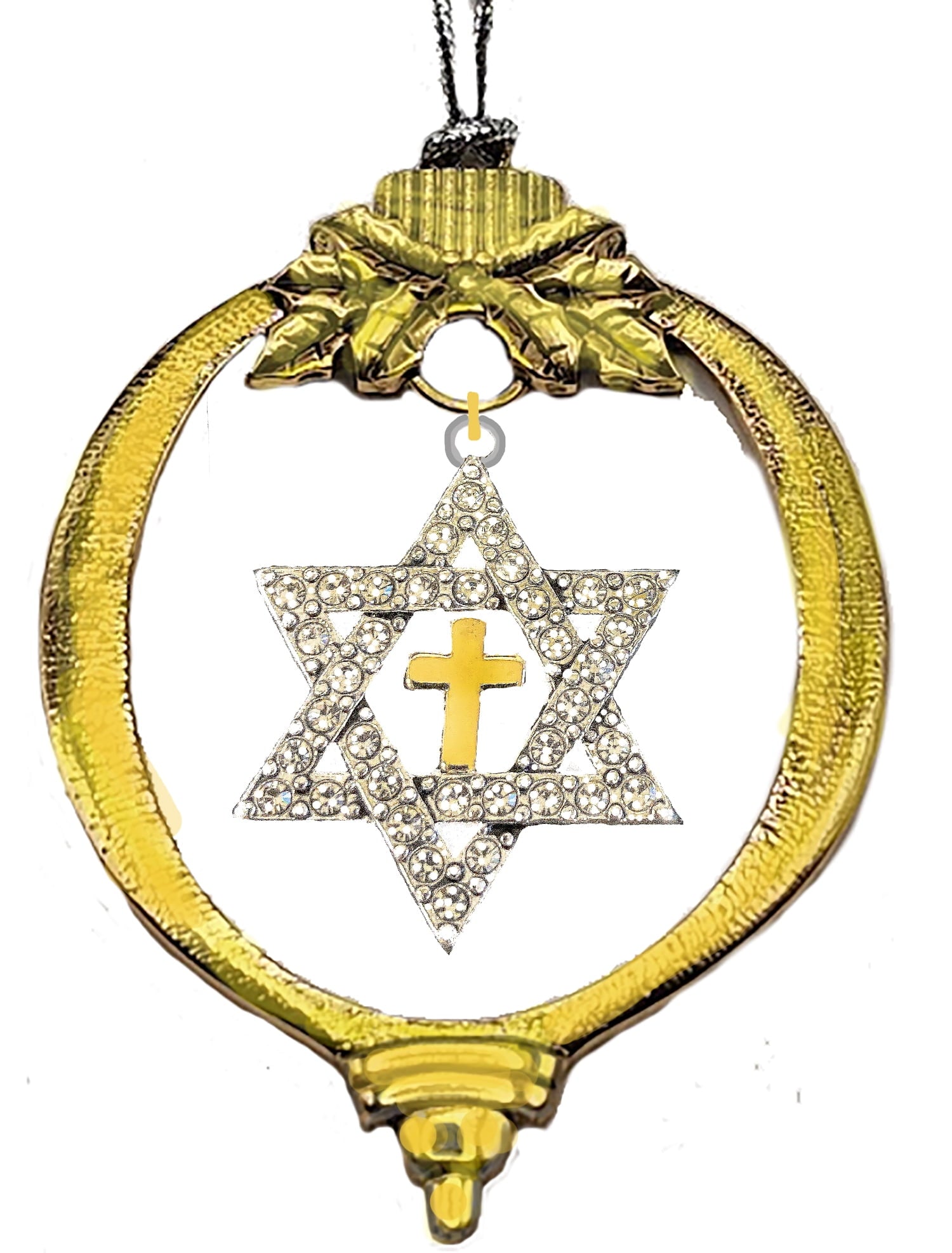 Messianic, Yeshua Christmas 14KT Goldtone Ornament With Genuine Austrian Cut Crystal Star Of David, 14KT Goldtone Cross, With Tree Attachment For Hanging.Great Gift! ©2023