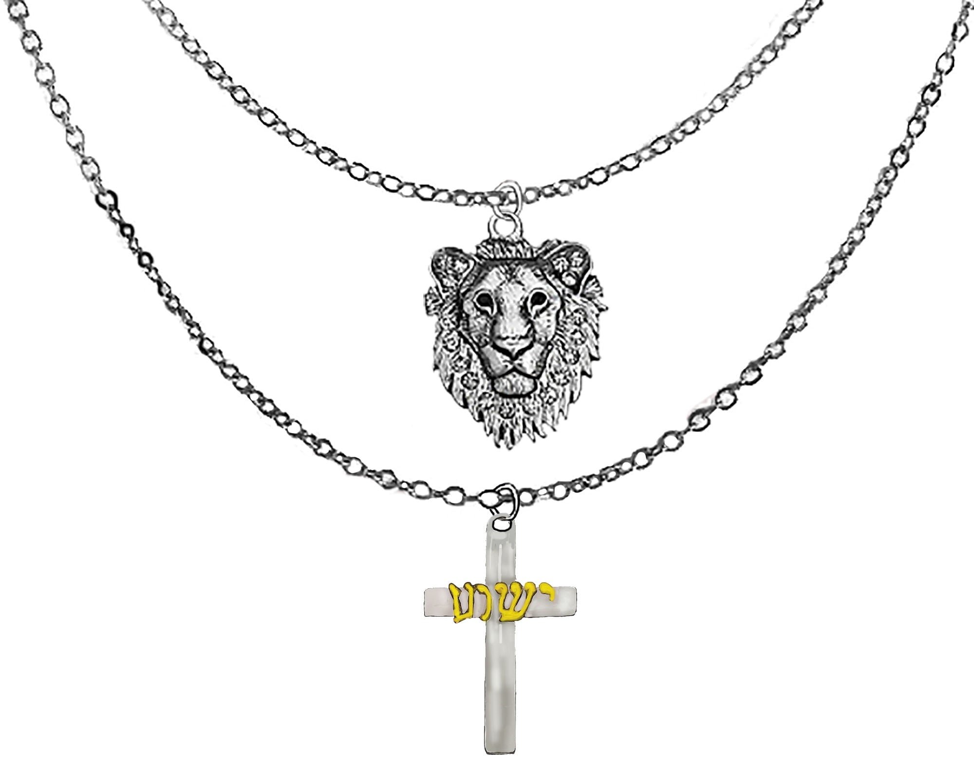 Messianic, Yeshua Silvertone Austrian Crystal Emeded In the Lion Of Judah, Silvertone Cross, With 14Kt Goldtone Yeshua In Hebrew On A Adjustable Silvertone Double Cable Chain Necklace. Hypoallergenic