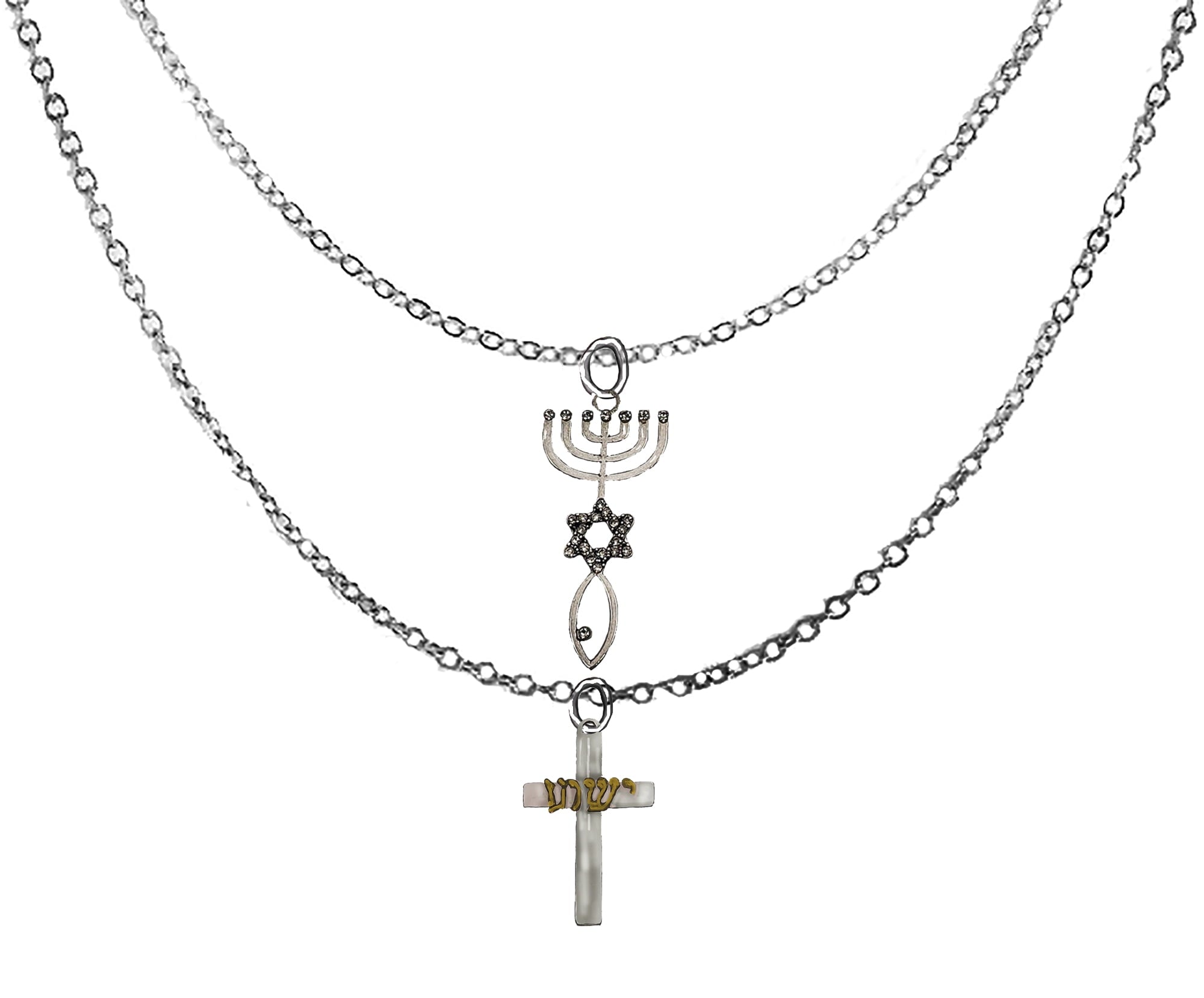 Messianic, Yeshua Beautiful Silver Crystal Seal Of Jerusalem, Silvertone Cross, 14KT Goldtone Yeshua In Hebrew Adjustable Chain Necklace, Hypoallergenic-Safe, No Nickel, Lead, Or Cadmium In The Metal