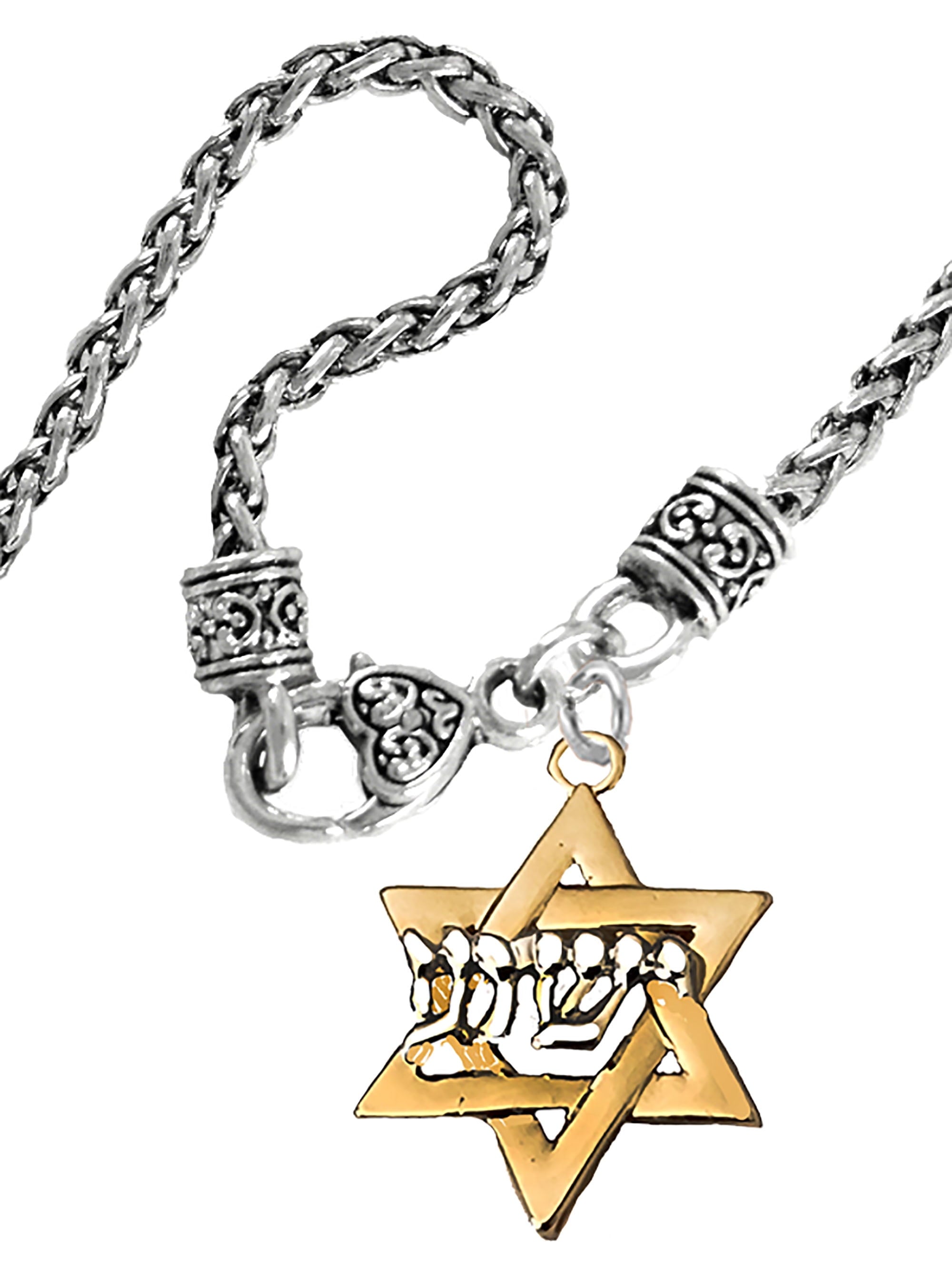 Messianic Yeshua Gold Star Of David, Raised Sculpted Silver Yeshua On A Antique Wheat Chain Necklace, Hypoallergenic-Safe, No Nickel, Lead, Or Cadmium In The Metal ©2023