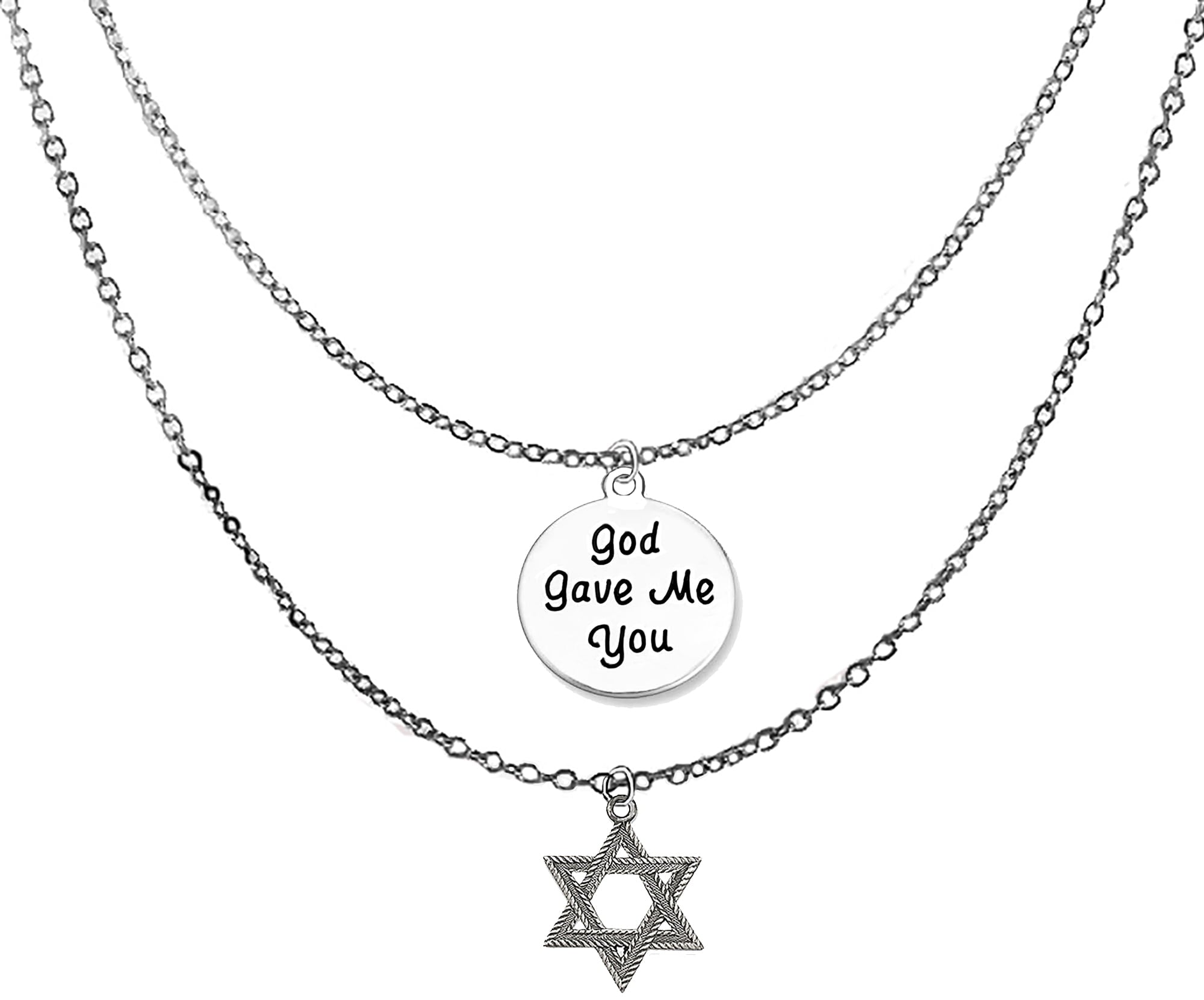 Jewish Jewelry, God Gave Me You, A Silvertone Star Of David On A Beautiful Silvertone Adjustable Double Chain Necklace. Great Gift For Friend Or Family. Hypoallergenic.  ©2024