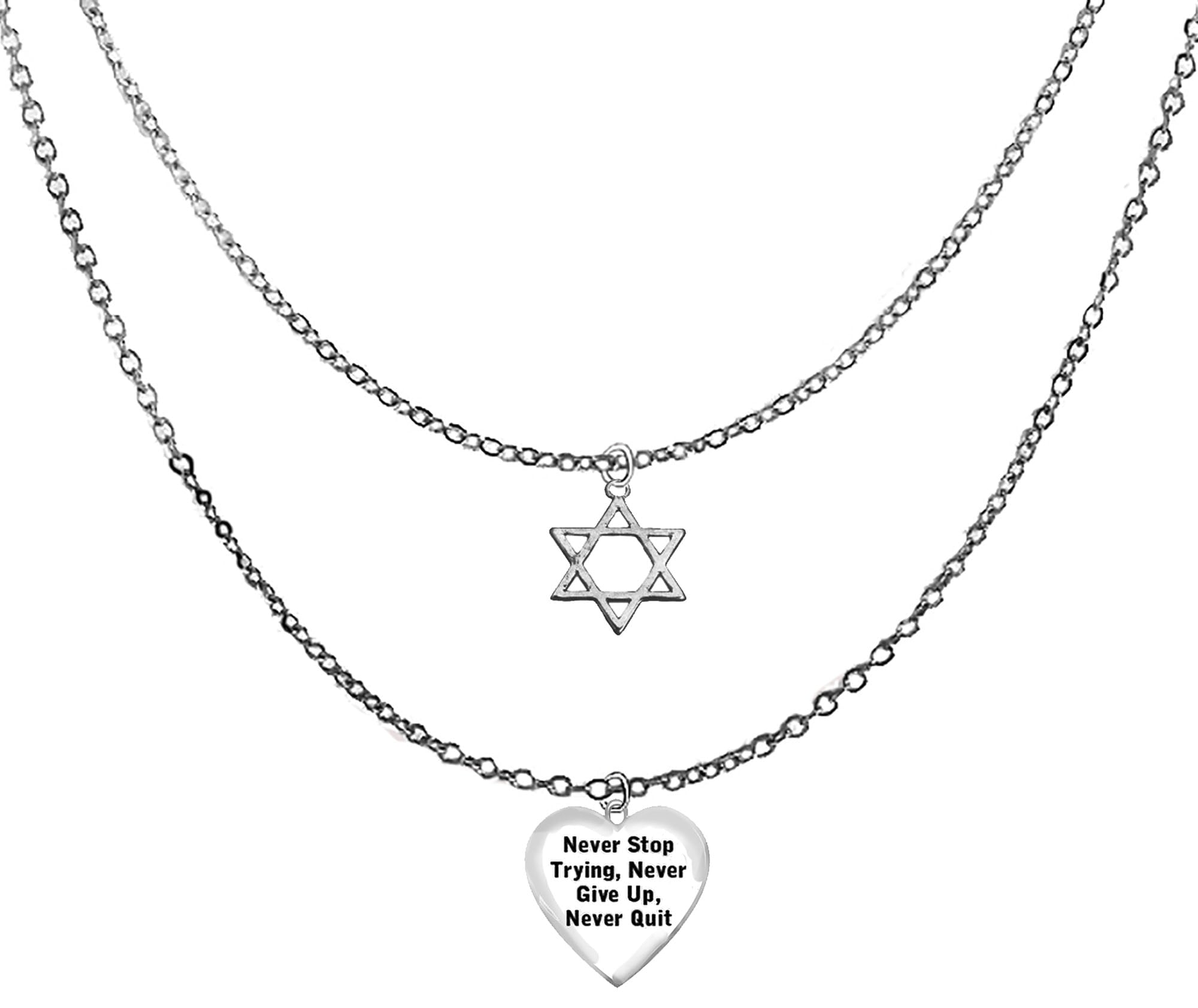 Jewish Jewelry,  Silvetone Star Of David,  Silvertone Puffed Heart Saying , Never Stop Trying, Never Give Up, Never Quit, On Adjustable Silvertone Double Chain Necklace, Hypoallergenic. ©2024