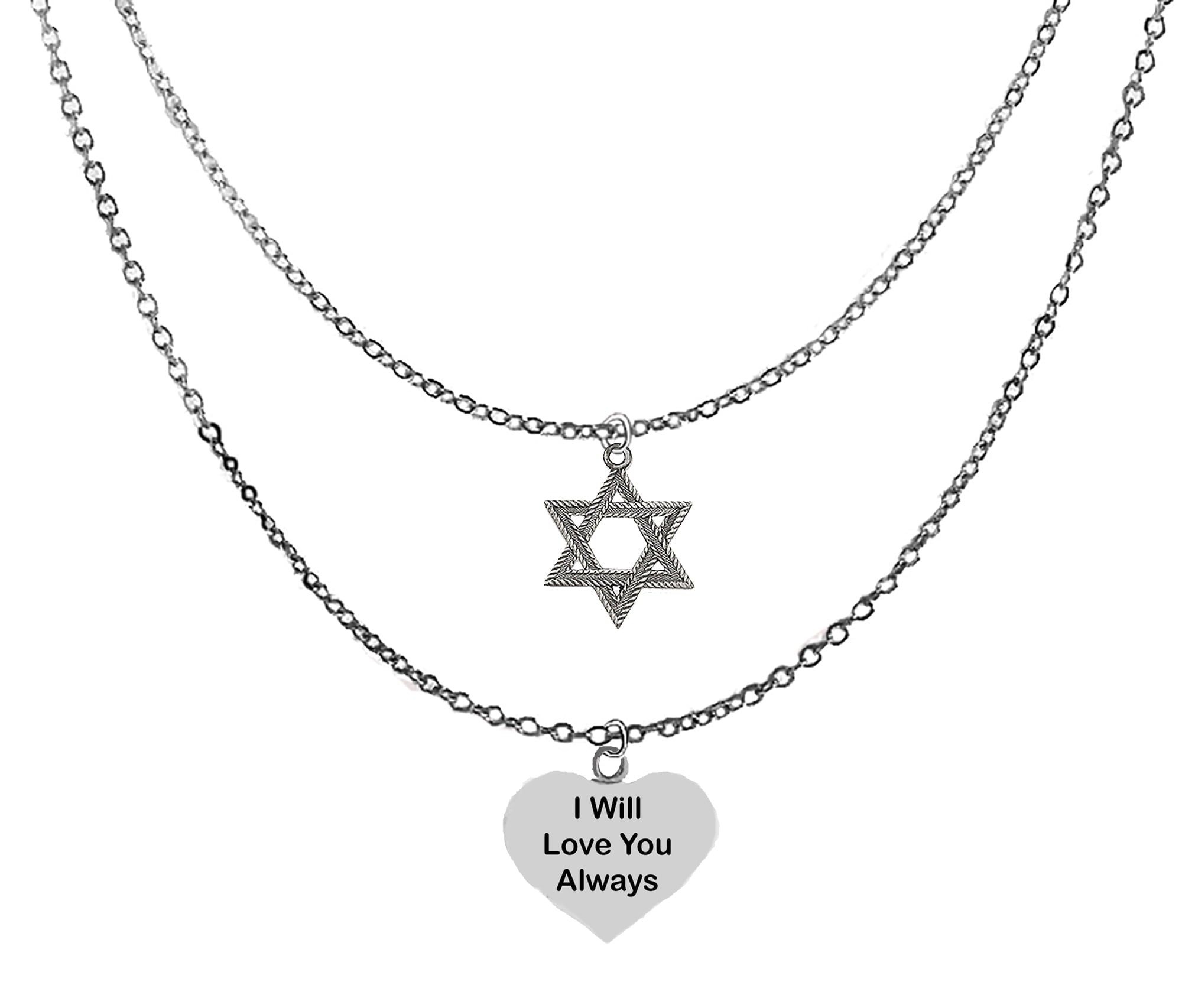Jewish Jewelry,  Antique Silver Star Of David, Message Of Love, I Will Love You Always, On A Silvertone Heart On A Double Chain Adjustable Necklace, Great Gift For A Friend Or Family.  ©2024