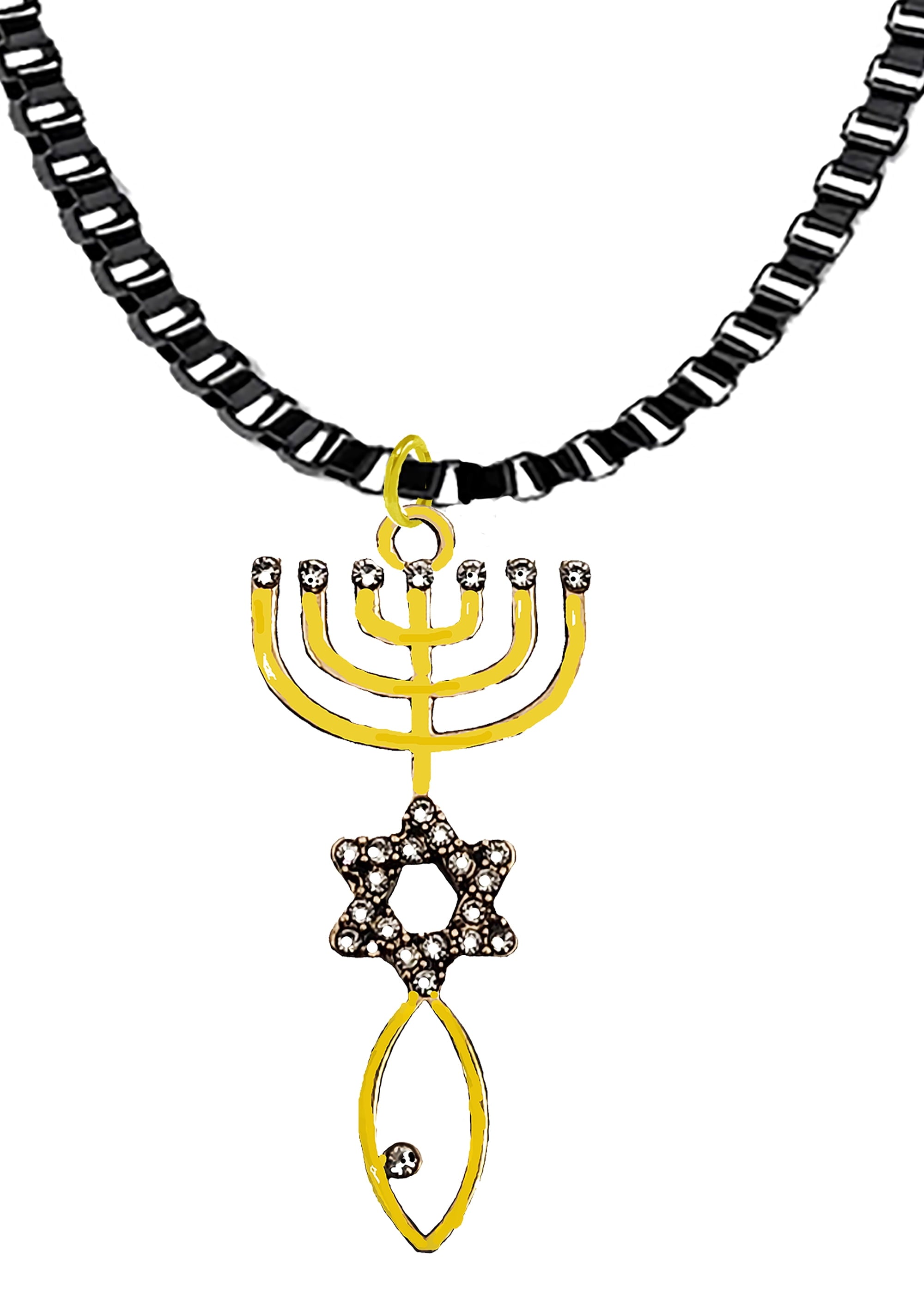 Messianic, Yeshua, Christain Adjustable Black Box Chain Necklace With A Beautiful 14KT Goldtone  Seal Of Jerusalem Covered With Austrian Crystal,Hypoallergenic. A Great Gift For Friends Or Family©2024