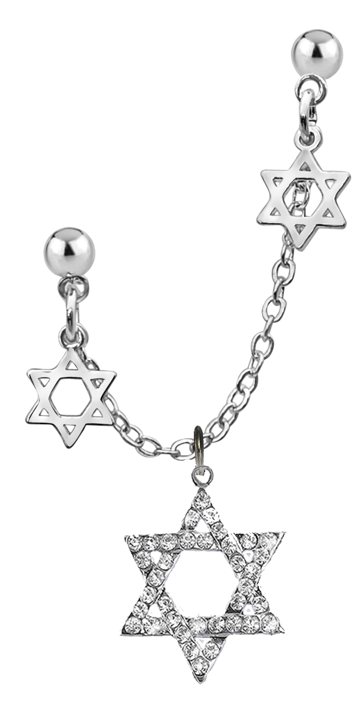 Jewish Double Hole Earring, Beautiful Genuine Austrian Crystal Silvertone Star Of David,Hanging Between Two Small Stars. Easy To Move To Different Holes. What A Great Gift For Yourself, Or A Friend