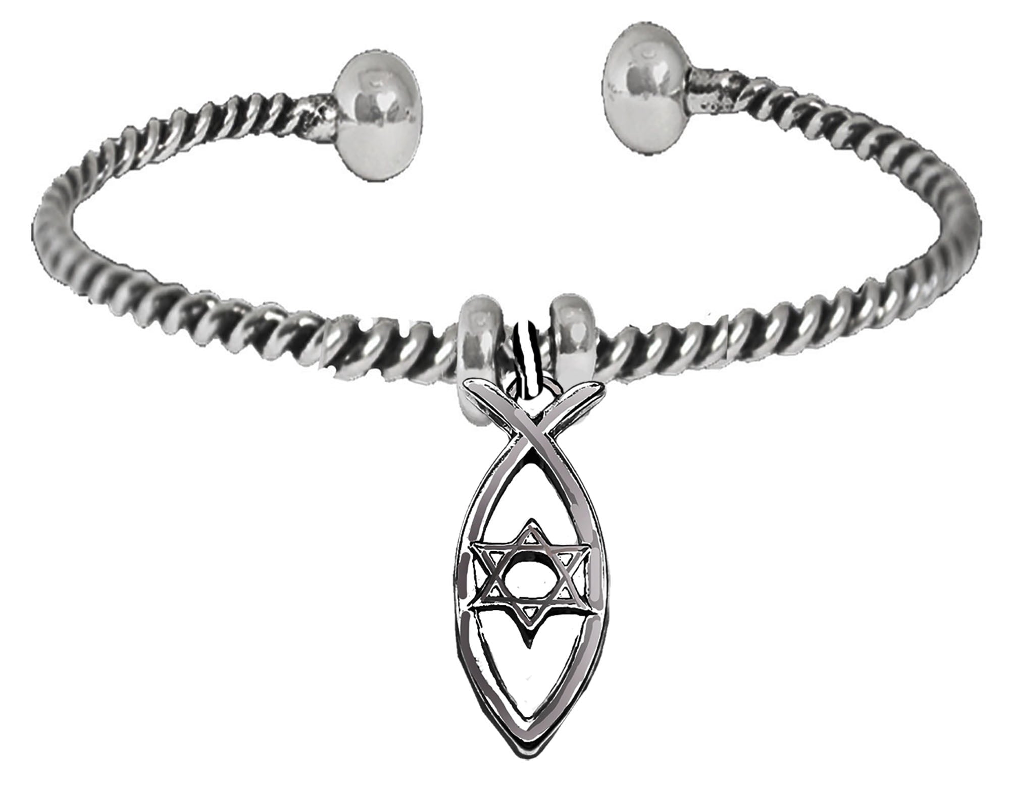 Messianic, Yeshua, Christian Fish With Star Of David Inside, Antique Silvertone Adjustable Cuff Bracelet,  Removable Ends, Allows You To Add Additional Charms With No Tools. Hypoallergenic-Safe ©2024