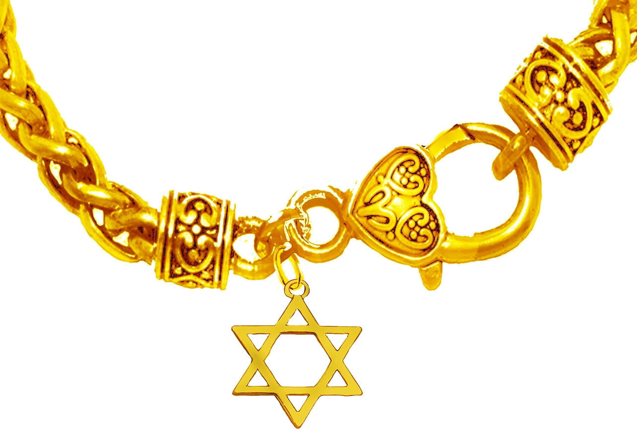 Jewish Jewelry, Highly Polished 14KT Goldtone Star Of David On A 14KT Goldtone Sculptured Wheat Chain Bracelet, What A Wonderful Gift For Yourself Or Someone Special.Great Bar Or Bas Mitzvah Gift