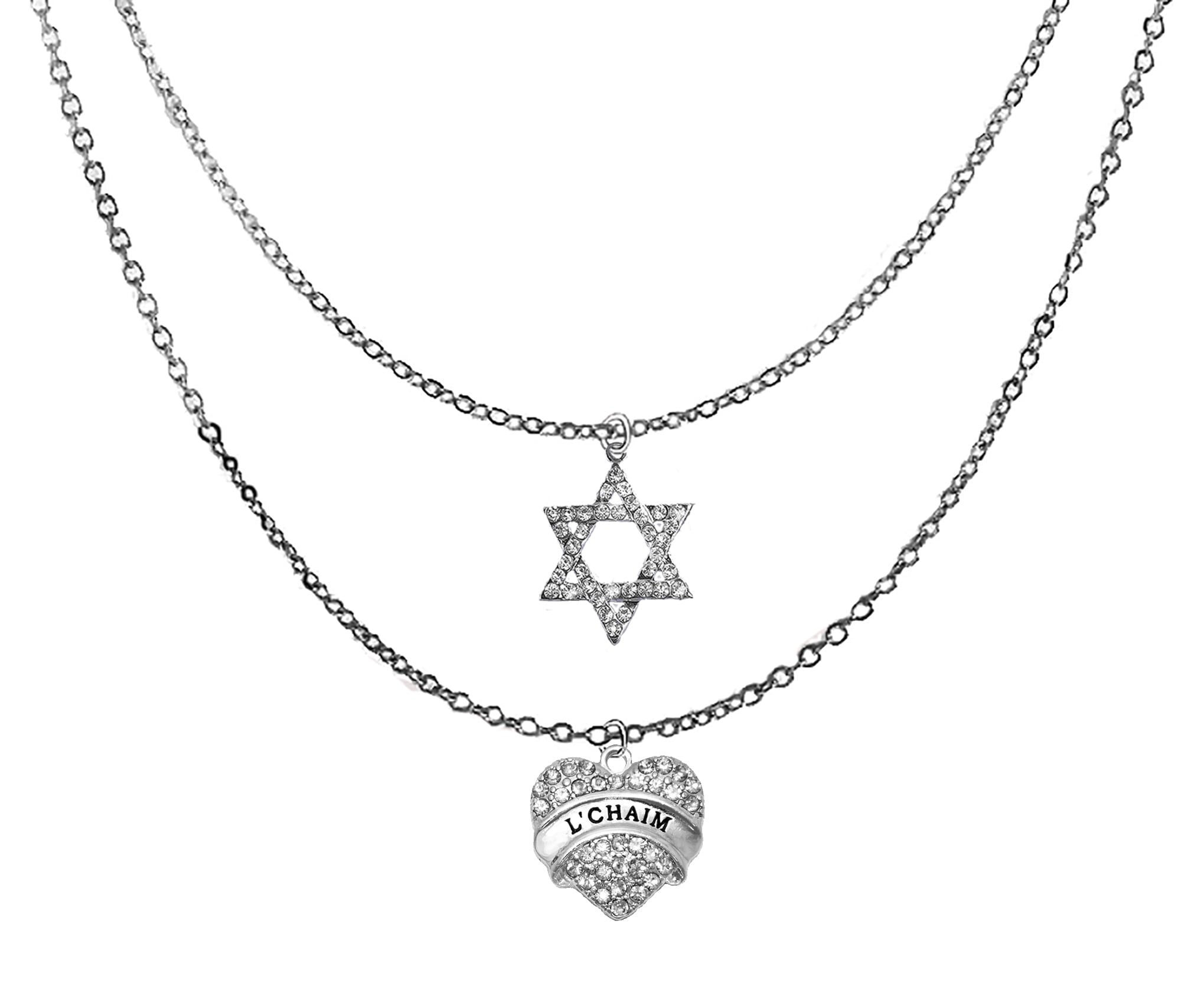 Jewish Jewelry, L'Cham, To Life! On A Genuine Austrian Crystal Heart And A Dazzling Genuine All Austrian Cut Crystal Star Of David. On A Silvertone Double Cable Chaim Necklace. Hypoallergenic. ©2024