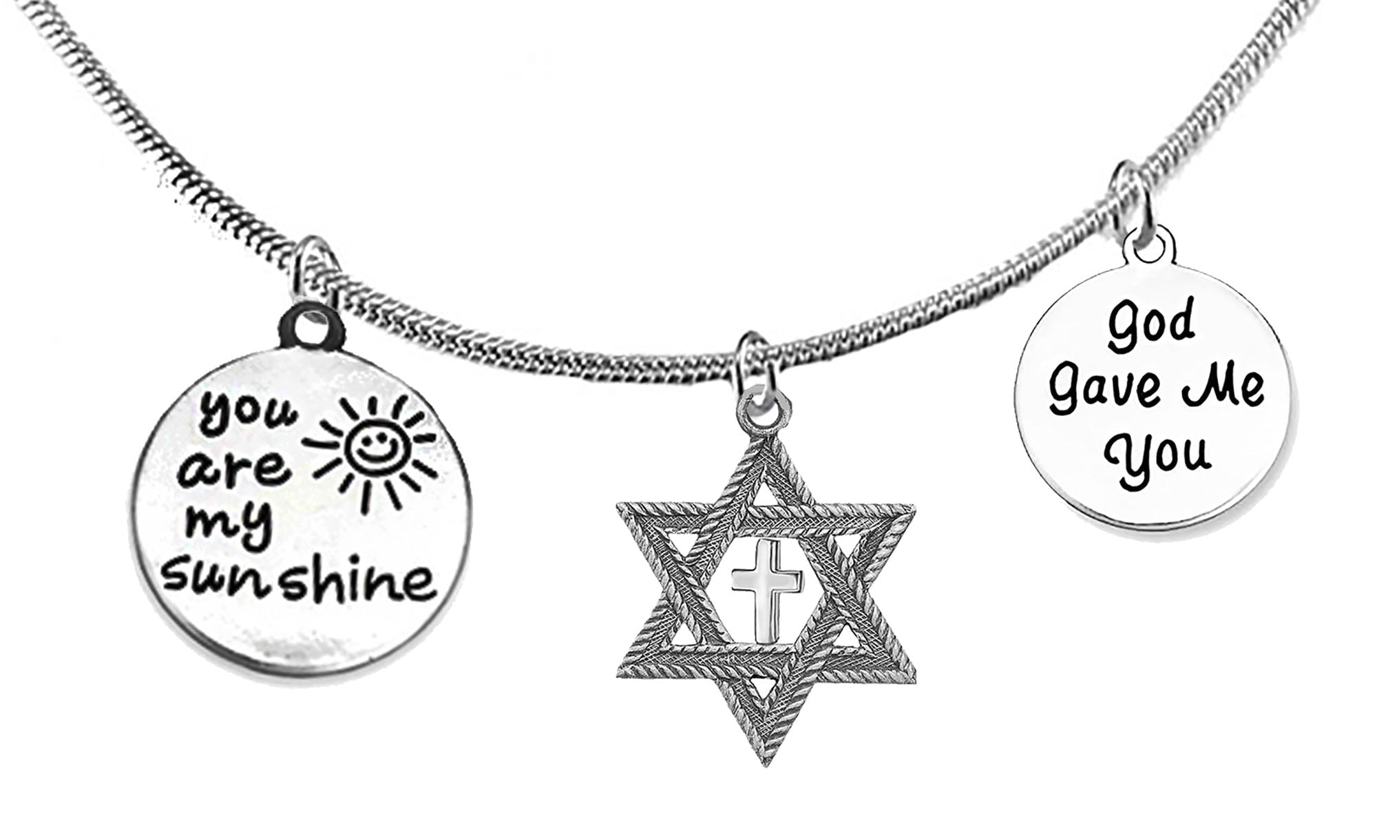 Messianic, Yeshua, Christian, Necklace Of Love And Devotion, You Are My Sunshine, Antique Silvertone Star Of David With Polished Cross, God Gave Me You,Adjustable Snake Chain Necklace. Great Gift©2024