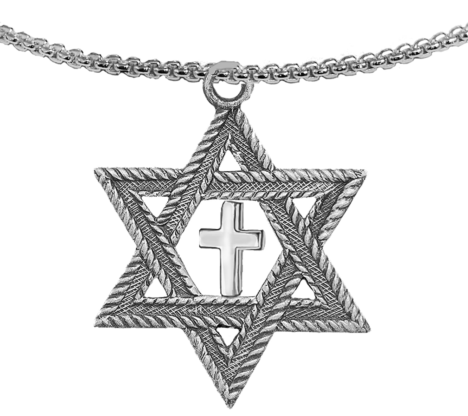 Messianic, Christian, Jewish Antique Silvertone Star Of David And A High Polished Cross On A Box Chain Necklace, Hypoallergenic-Safe, No Nickel, Lead, or Cadmium In The Metal ©2023