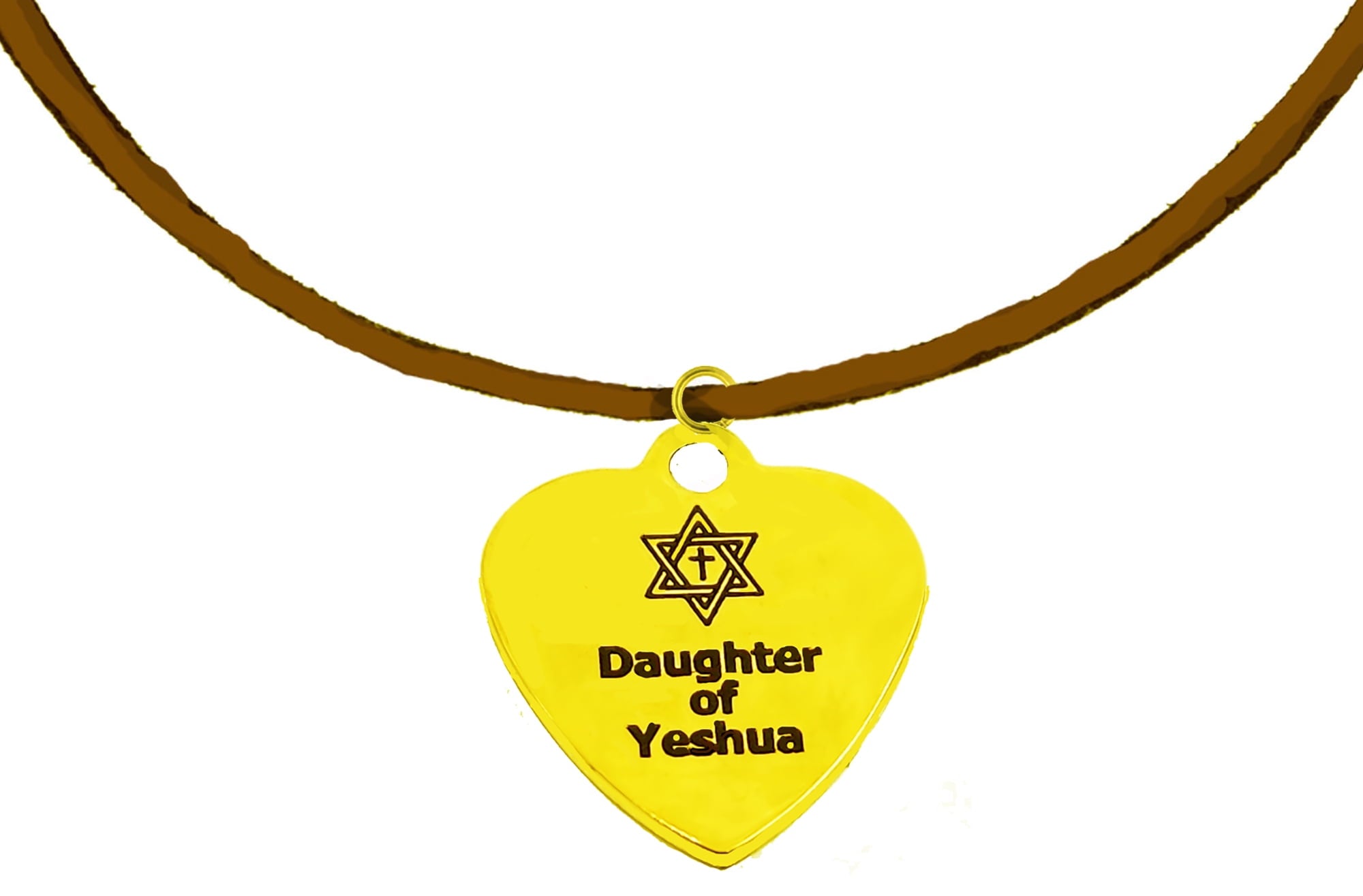 Messianic Yeshua Jewelry, 14KT Goldtone Daughter Of Yeshua Heart, On A Adjustable  Genuine Brown Suede Necklace. What A Great Gift For Someone You Love, Friend Or Family. Hypoallergenic ©2024