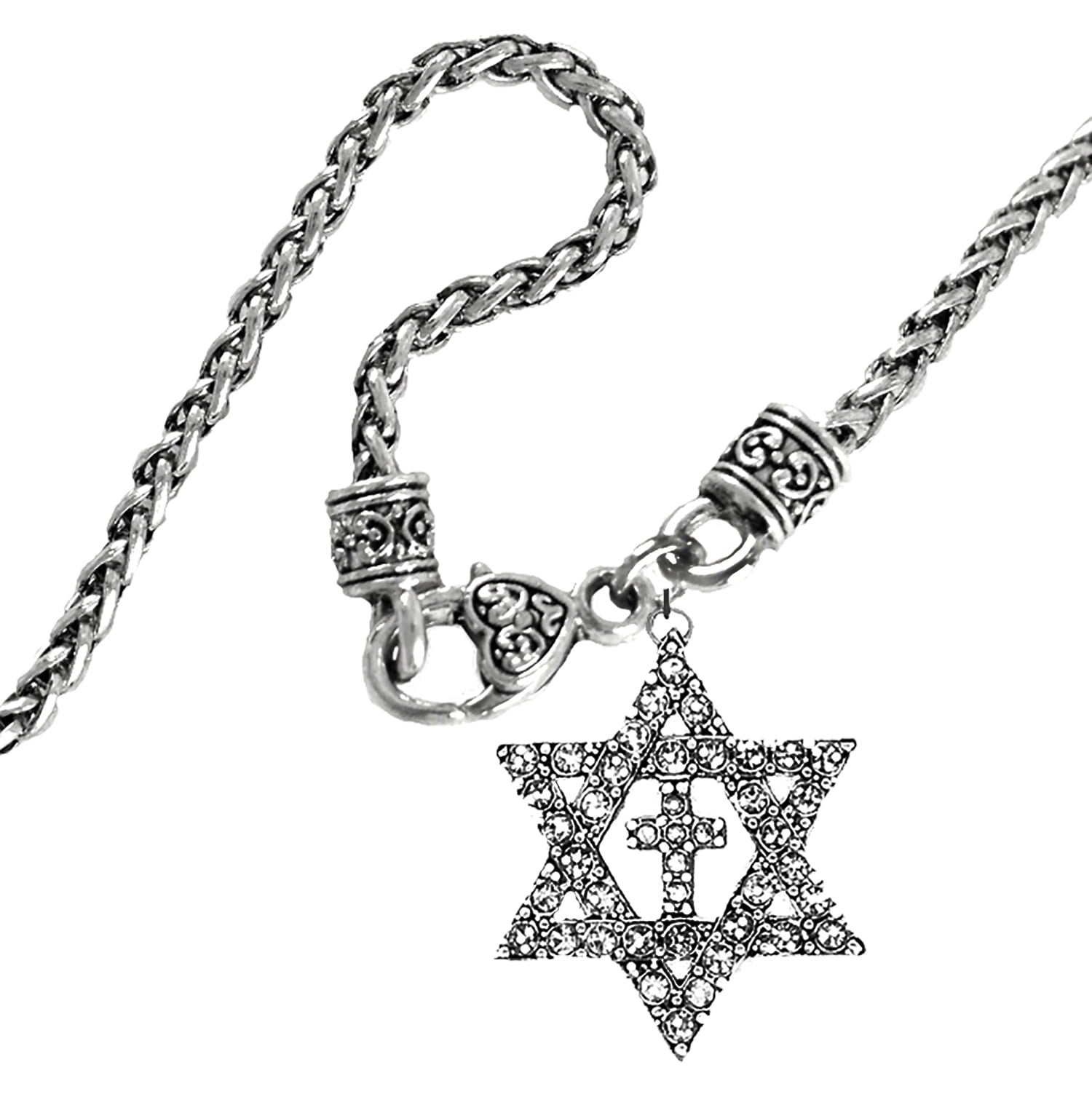Messianic Christian Silvertone Crystal Star Of David,Cross On A Antique Wheat Chain Necklace.If you do not believe that this jewelry is beautiful when you receive it,simply return it for a full refund