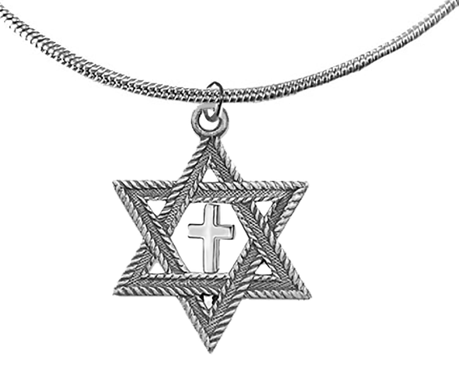 Messianic Christian Jewish Antique Silvertone Star Of David,With Polished Silvertone Cross On A Adjustable  18 To 21 Inch Snake Chain Necklace, Hypoallergenic-Safe, No Nickel, Lead, Or Cadmium In The