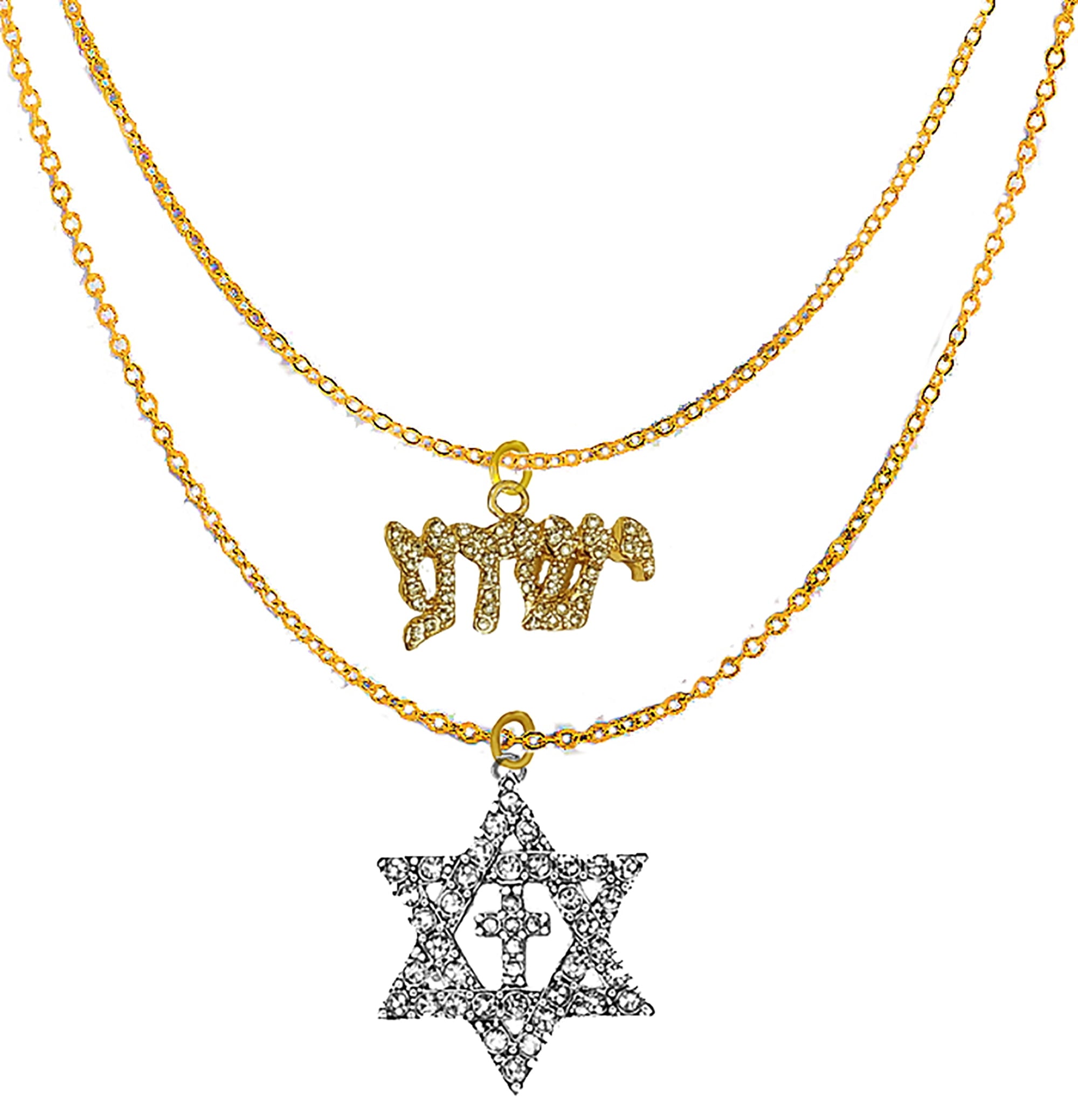 Messianic Yeshua In 14KT Gold Finish Covered With Genuine Austrian Cut Crystal And Star Of David Covered With Austrian Crystal Cross In The Center, On A Adjustable Goldtone Double Chain Necklace ©2023
