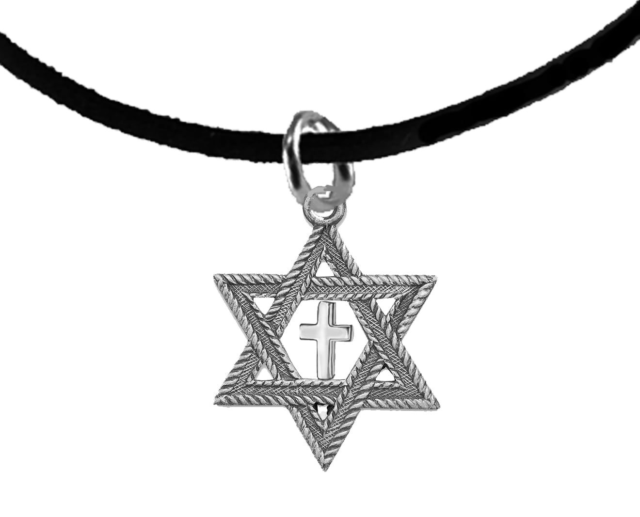 Messianic Christian Jewish Antique Silvertone Star Of David,With Polished Silvertone Cross On A Adjustable 6 To 8.5 Inches Black Suede Bracelet, Hypoallergenic-Safe, No Nickel, Lead, Or Cadmium In Th